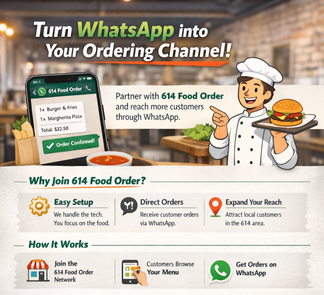 Partner with 614 Food Order — Turn WhatsApp into your ordering channel